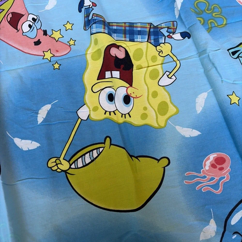 vtg Spongebob Square Pants Blue Flat Sheet Squidward Patrick Gary